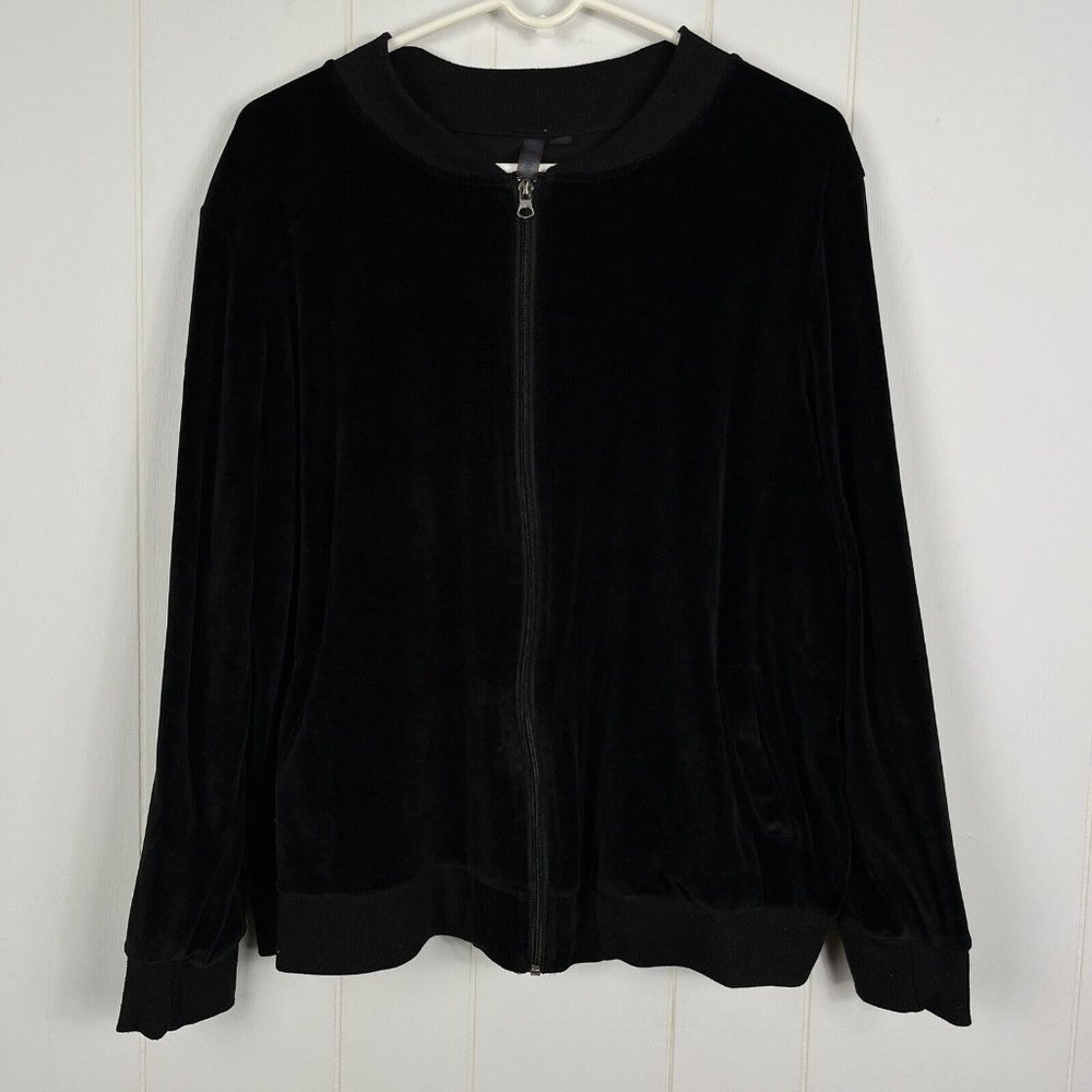 Cascade Blue Women Velour Jacket 2XL XXL Black Full Zip Long Sleeve Pockets